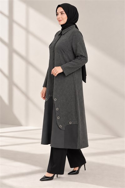 Büyük Beden Cep Detaylı Uzun Kap Gri OTW40231