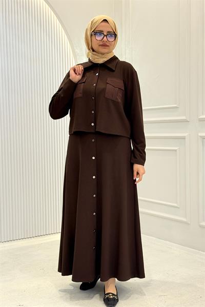 Büyük Beden Cepli Düğmeli Etekli Takım Kahve OTW334