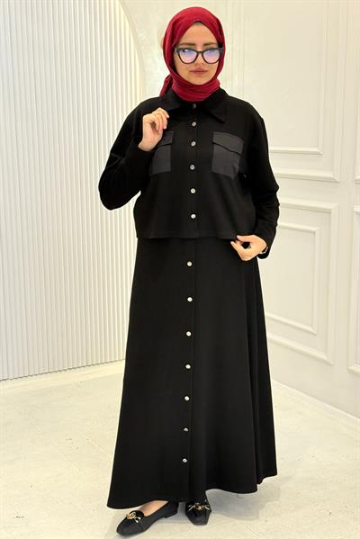 Büyük Beden Cepli Düğmeli Etekli Takım Siyah OTW334
