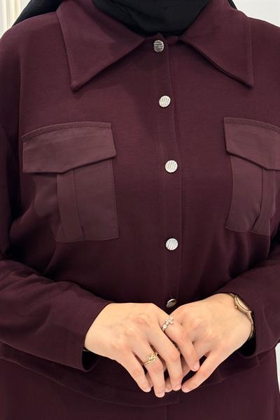 Büyük Beden Cepli Düğmeli Etekli Takım Bordo OTW334