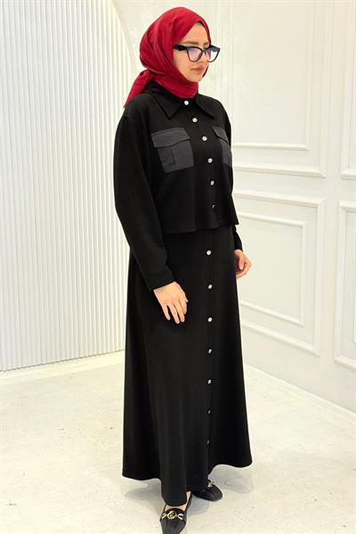 Büyük Beden Cepli Düğmeli Etekli Takım Siyah OTW334