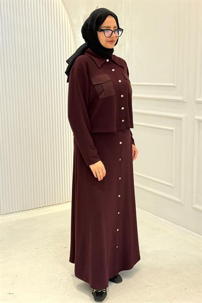 Büyük Beden Cepli Düğmeli Etekli Takım Bordo OTW334