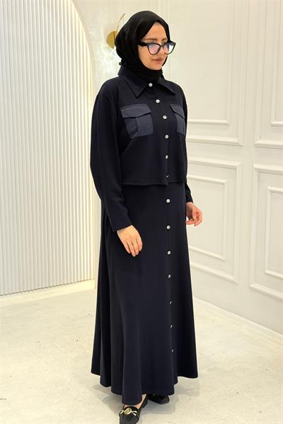 Büyük Beden Cepli Düğmeli Etekli Takım Lacivert OTW334