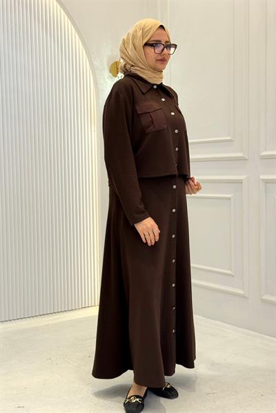 Büyük Beden Cepli Düğmeli Etekli Takım Kahve OTW334