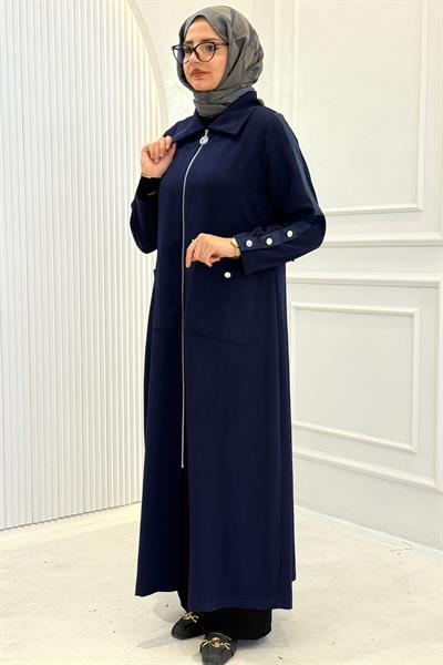 Büyük Beden Cepli Fermuarlı Uzun Kap Lacivert OTW1657