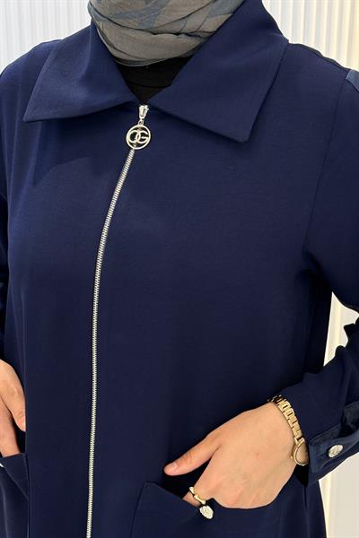 Büyük Beden Cepli Fermuarlı Uzun Kap Lacivert OTW1657