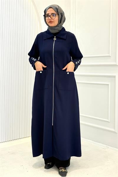 Büyük Beden Cepli Fermuarlı Uzun Kap Lacivert OTW1657