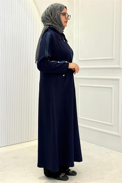 Büyük Beden Cepli Fermuarlı Uzun Kap Lacivert OTW1657