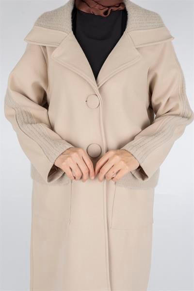 Büyük Beden Cepli Modern Kaşe Kaban Bej OTW9822