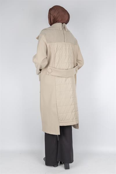 Büyük Beden Cepli Modern Kaşe Kaban Bej OTW9822