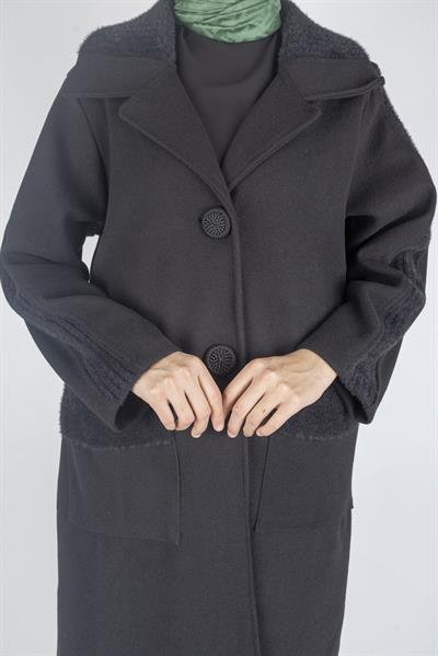 Büyük Beden Cepli Modern Kaşe Kaban Siyah OTW9822