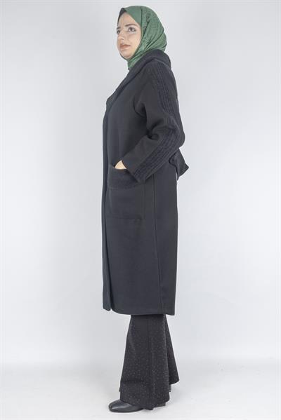 Büyük Beden Cepli Modern Kaşe Kaban Siyah OTW9822