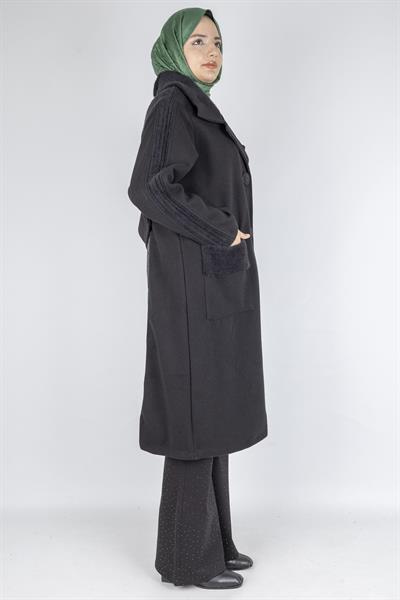 Büyük Beden Cepli Modern Kaşe Kaban Siyah OTW9822