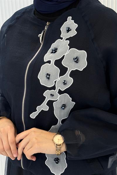 Büyük Beden Çiçek Aplikeli Etekli Tesettür Takım Lacivert OTW9627