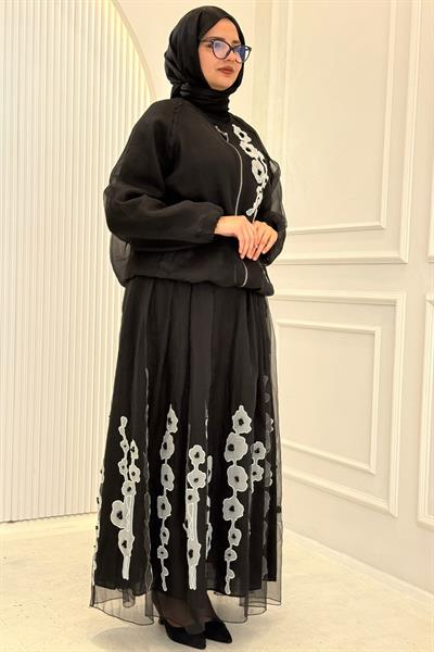 Büyük Beden Çiçek Aplikeli Etekli Tesettür Takım Siyah OTW9627