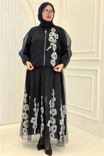 Büyük Beden Çiçek Aplikeli Etekli Tesettür Takım Lacivert OTW9627