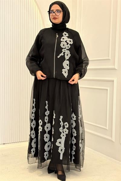 Büyük Beden Çiçek Aplikeli Etekli Tesettür Takım Siyah OTW9627