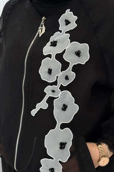 Büyük Beden Çiçek Aplikeli Etekli Tesettür Takım Siyah OTW9627