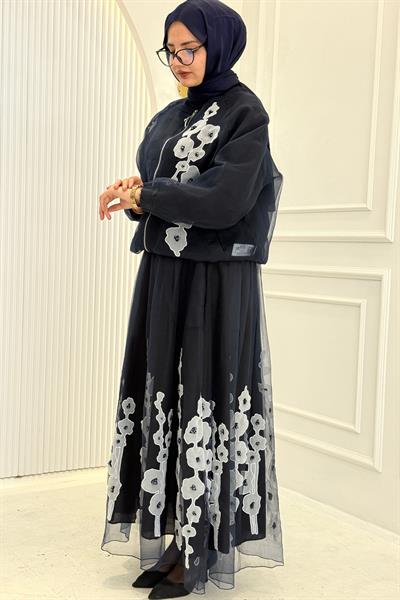 Büyük Beden Çiçek Aplikeli Etekli Tesettür Takım Lacivert OTW9627