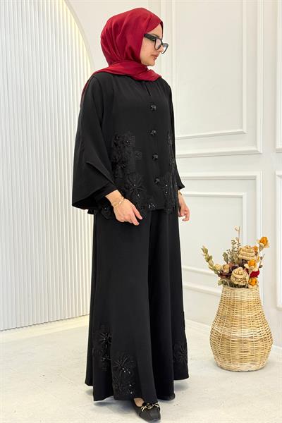 Büyük Beden Çiçek Aplikeli Takım Siyah OTW3914