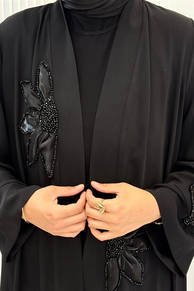 Büyük Beden Çiçek Aplikeli Taş İşlemeli Abaya Takım Siyah OTW2930