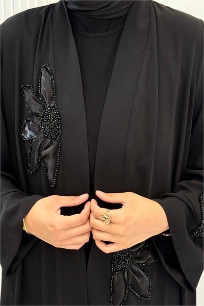 Büyük Beden Çiçek Aplikeli Taş İşlemeli Abaya Takım Siyah OTW2930