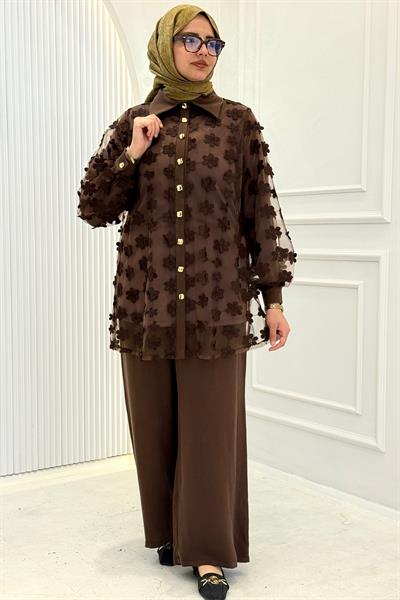 Büyük Beden Çiçek Aplikeli Üçlü Takım Kahve OTW46803