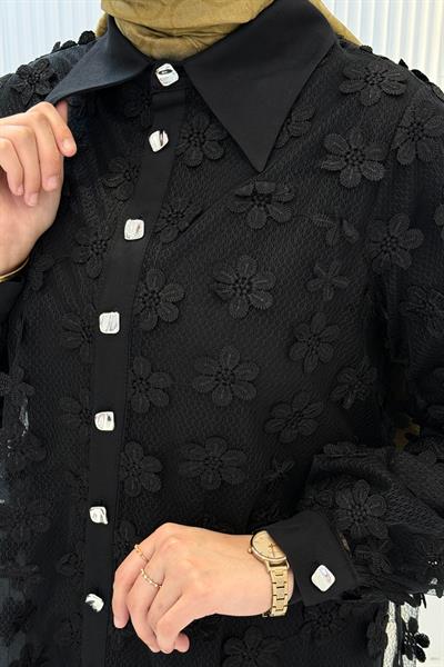 Büyük Beden Çiçek Aplikeli Üçlü Takım Siyah OTW46803