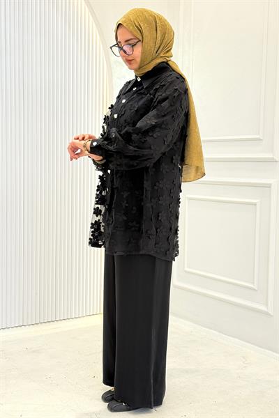 Büyük Beden Çiçek Aplikeli Üçlü Takım Siyah OTW46803