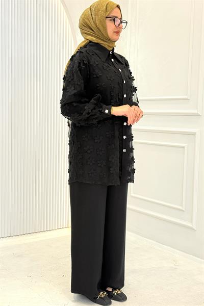 Büyük Beden Çiçek Aplikeli Üçlü Takım Siyah OTW46803