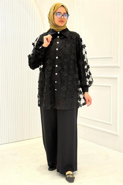 Büyük Beden Çiçek Aplikeli Üçlü Takım Siyah OTW46803