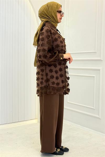 Büyük Beden Çiçek Aplikeli Üçlü Takım Kahve OTW46803