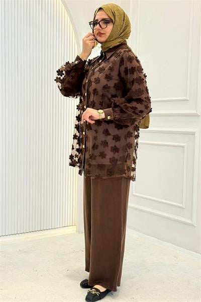 Büyük Beden Çiçek Aplikeli Üçlü Takım Kahve OTW46803