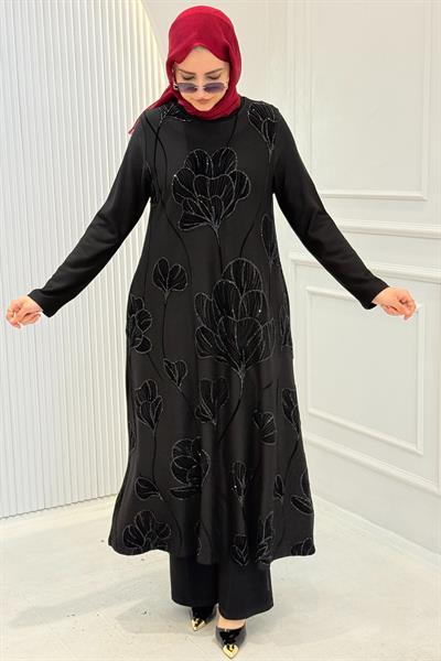 Büyük Beden Çiçek Desen İşlemeli Uzun Elbise Siyah OTW9891