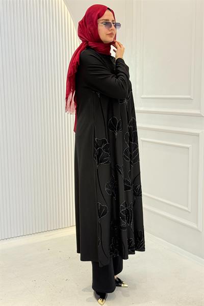 Büyük Beden Çiçek Desen İşlemeli Uzun Elbise Siyah OTW9891