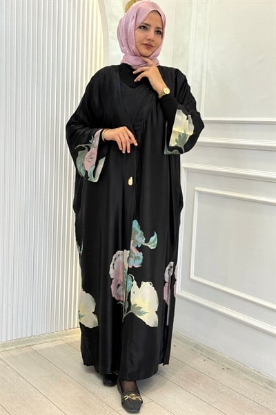Büyük Beden Çiçek Desenli Abaya Siyah OTW4816