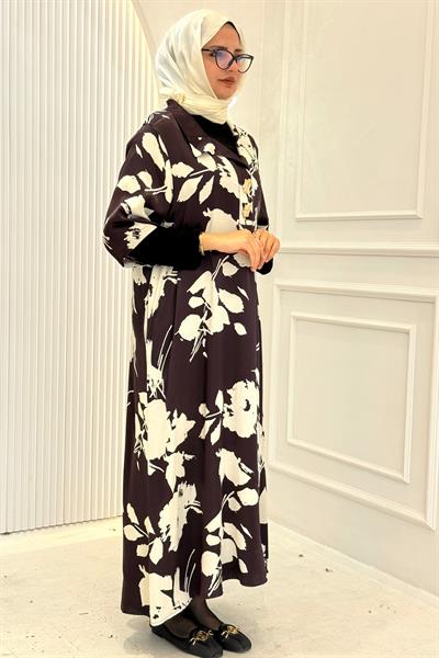 Büyük Beden Çiçek Desenli Elbise Kahve OTW6809-06