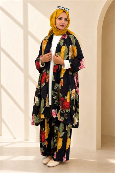Büyük Beden Çiçek Desenli Kimono Takım Desenli OTW9781