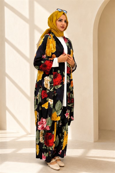 Büyük Beden Çiçek Desenli Kimono Takım Desenli OTW9781