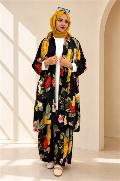 Büyük Beden Çiçek Desenli Kimono Takım Desenli OTW9781