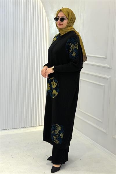 Büyük Beden Çiçek Desenli Örme Triko Elbise & Tunik Siyah-Yeşil OTW14379