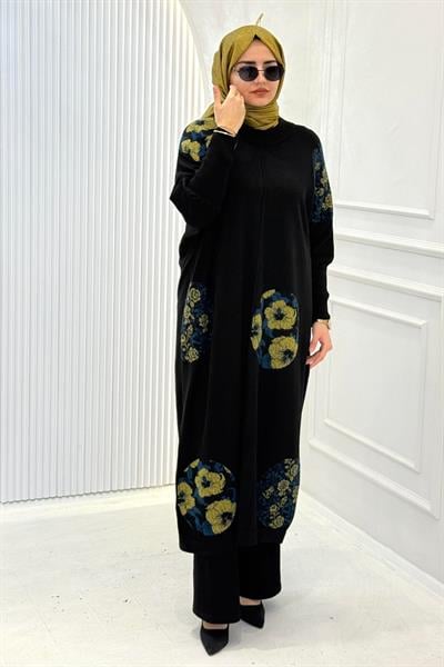Büyük Beden Çiçek Desenli Örme Triko Elbise & Tunik Siyah-Yeşil OTW14379