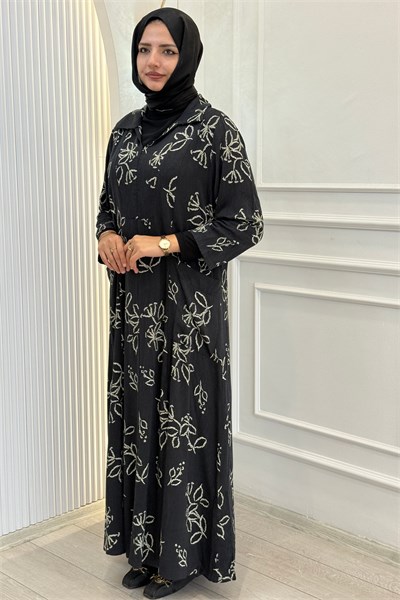 Büyük Beden Çiçek Desenli Salaş Elbise Siyah OTW9859