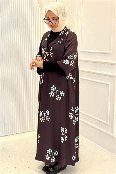 Büyük Beden Çiçek Desenli Saten Elbise Kahve OTW6816-06