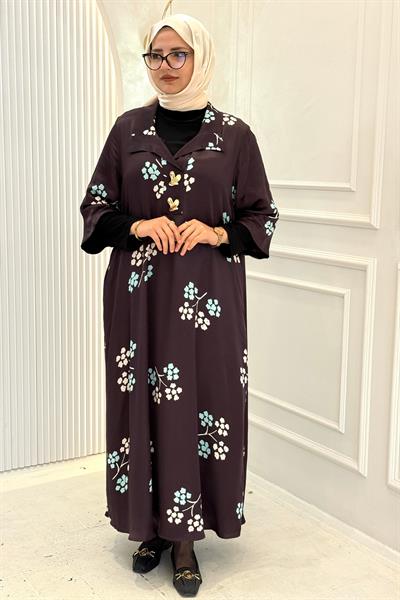 Büyük Beden Çiçek Desenli Saten Elbise Kahve OTW6816-06