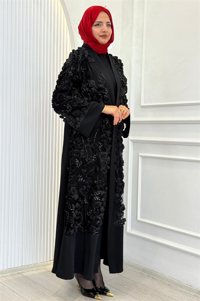 Büyük Beden Çiçek Detaylı Abaya Takım Siyah OTW3094