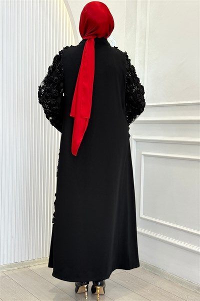 Büyük Beden Çiçek Detaylı Abaya Takım Siyah OTW3094
