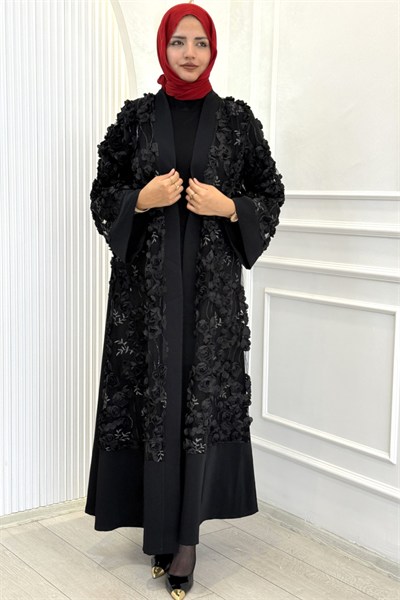 Büyük Beden Çiçek Detaylı Abaya Takım Siyah OTW3094