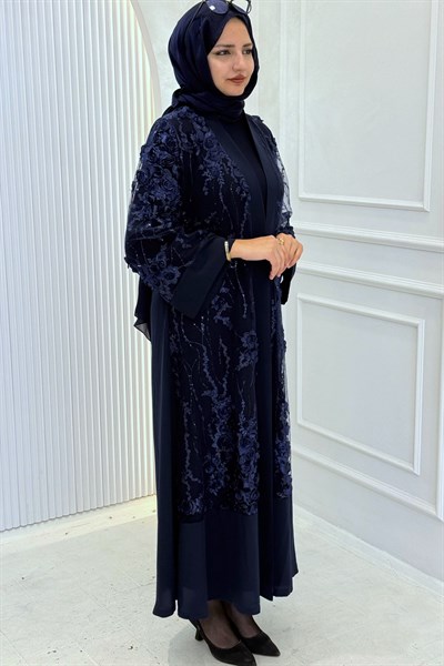Büyük Beden Çiçek Detaylı Abaya Takım Lacivert OTW3094