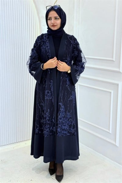 Büyük Beden Çiçek Detaylı Abaya Takım Lacivert OTW3094